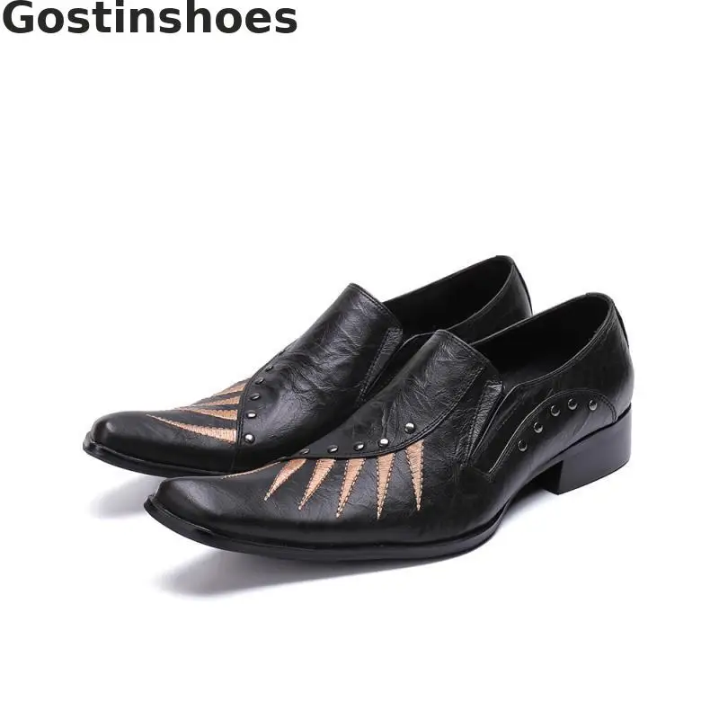 Mens Shoes Black Genuine Leather Oxfords Pointed Toe Set Foot Embroidered Rivets Decoration Casual Leisure Shoes Fashion 
Mens Shoes Black Genuine Leather Oxfords Pointed Toe Set Foot Embroidered Rivets Decoration Casual Leisure Shoes Fashion