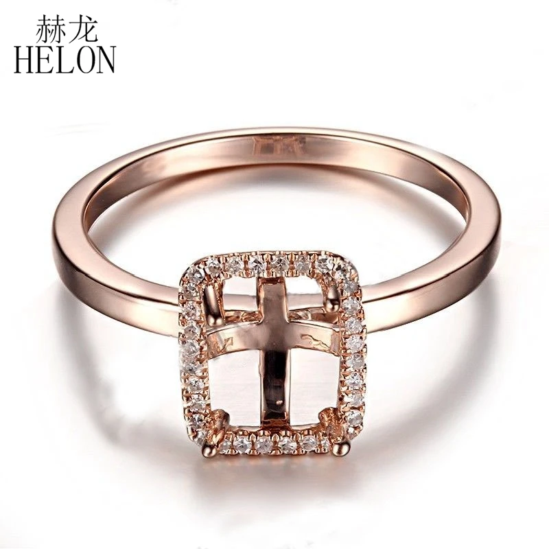 

HELON Solid 10K Rose Gold Real Halo Diamonds Fine Jewelry Semi Mount Engagement Ring Setting Fit Cushion Cut 8x6mm to 9x7mm