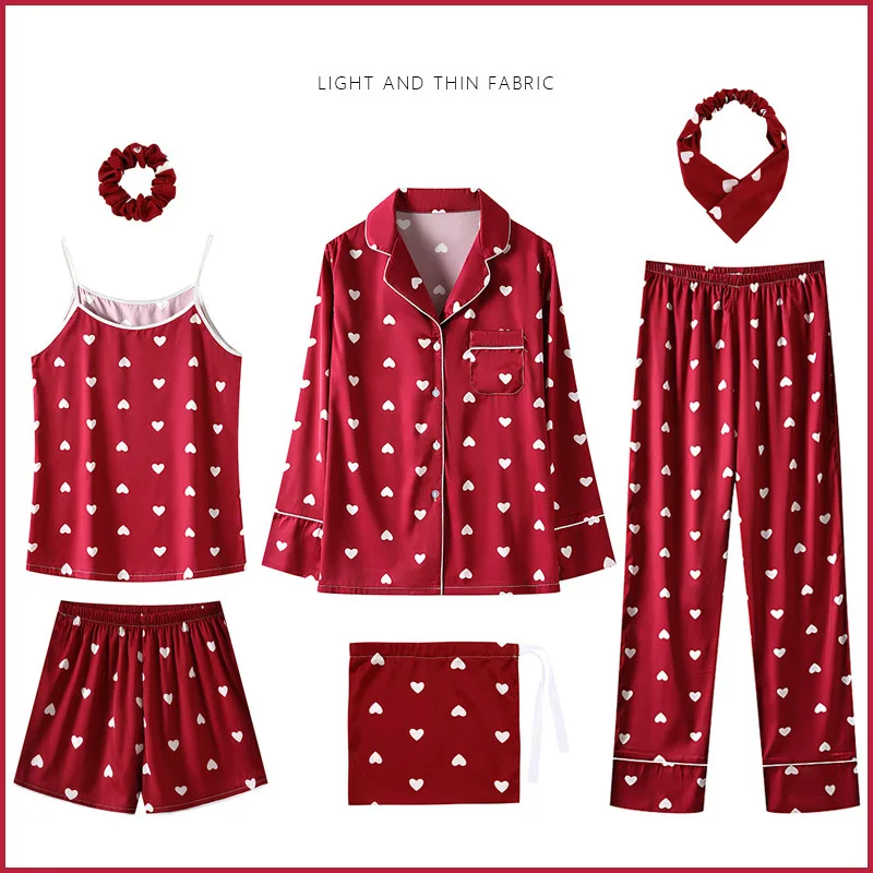 Красные пижамы для женщин новинка 7 шт. наборы Эмуляция шелка в полоску женские