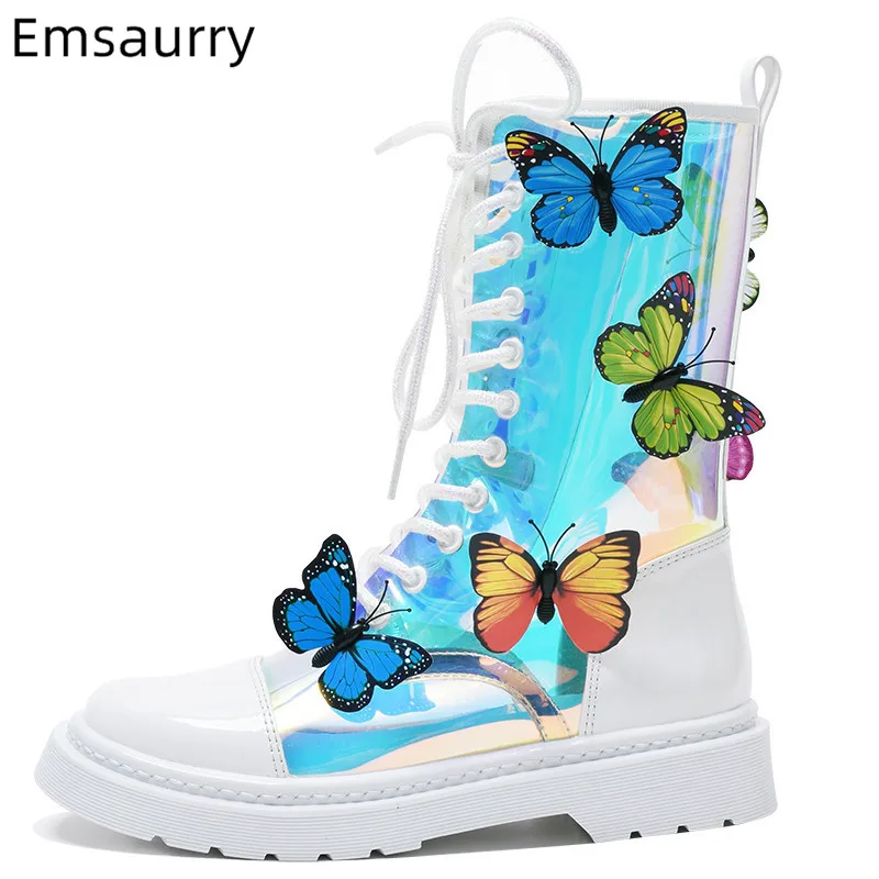 Blue PVC Boots Women Round Toe Decor Butterflys Ankle Bottes Chic Thick Bottom Flats Botas Cross Lace Up Boots Woman Shoes 43
Blue PVC Boots Women Round Toe Decor Butterflys Ankle Bottes Chic Thick Bottom Flats Botas Cross Lace Up Boots Woman Shoes 43