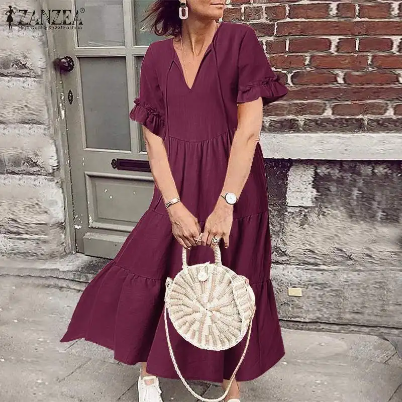 ZANZEA 2019 Fashion Ruffle Dress Women's Summer Sundress Elegant V Neck Flounce Vestidos Female Short Sleeve Beach Robe Femme 
ZANZEA 2019 Fashion Ruffle Dress Women's Summer Sundress Elegant V Neck Flounce Vestidos Female Short Sleeve Beach Robe Femme