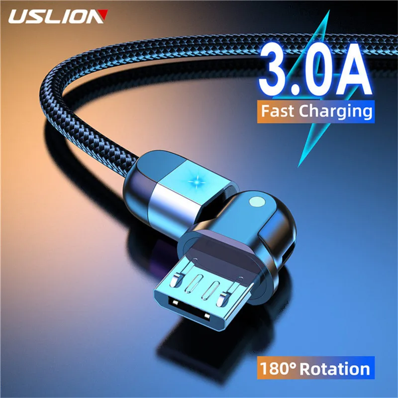 USLION Micro USB Cable Fast Charger 3A 180 Rotation Data Cord For Samsung S7 Xiaomi Redmi Note 5 Android Phone cable usb charger | Мобильные