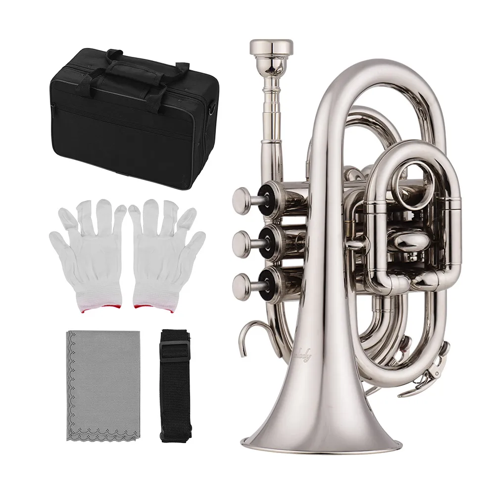

Muslady Mini Pocket Trumpet Bb Flat Brass Material Wind Instrument with Mouthpiece Gloves Cleaning Cloth Carrying Case