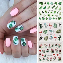 19 pegatinas con diseños para uñas hoja verde flamencos flores Cactus pegatinas de agua para uñas arte decoraciones envuelve escamas deslizadores manicura(China)