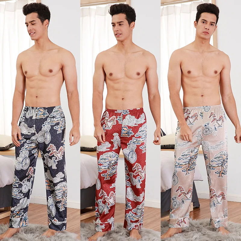 Фото Шелковые Мужские пижамные штаны Faxu летние одиночные брюки повседневная одежда
