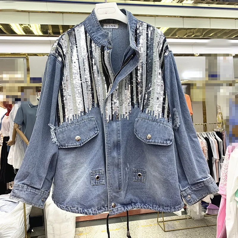 2019 autumn new women's loose heavy work sequins retro drawpicture worn denim jacket
2019 autumn new women's loose heavy work sequins retro drawpicture worn denim jacket
