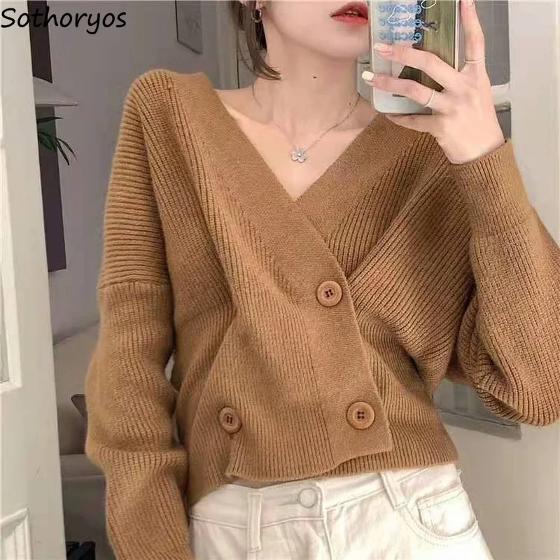 

Cardigans Women Solid Double Breasted Designed Retro Elegant Teens V-neck Chic Trendy Unique Gentle All-match Streetwear Sweater