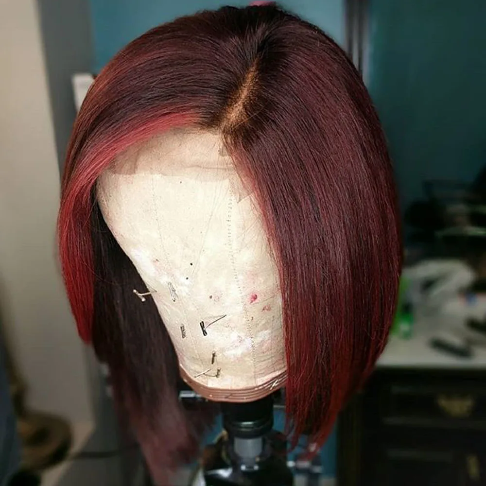 China 370 Big Lace Frontal Human Hair Wig With Bangs Straight Red Bob 13X4 Front Lace Wigs 99J Burgundy Glueless Preplucked Remy Hair For Black Woman