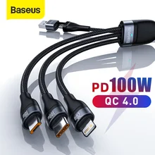 

New Baseus PD 100W 3 in 1 USB Type-C Cable For iPhone 12 Mini 11 Pro XR XS Max 8 Charger Cable 5A Fast Charging Micro USB Wire
