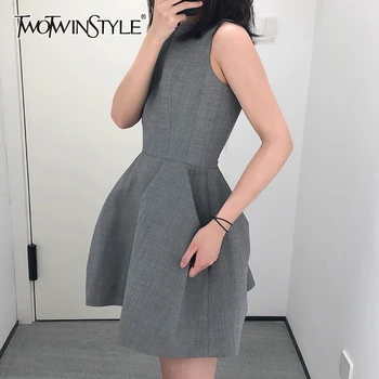 TWOTWINSTYLE Elegant Women Dress O Neck Sleeveless High Waist Ruched Mini Dresses For Female Fashion Clothing 2020 Summer Tide 
TWOTWINSTYLE Elegant Women Dress O Neck Sleeveless High Waist Ruched Mini Dresses For Female Fashion Clothing 2020 Summer Tide