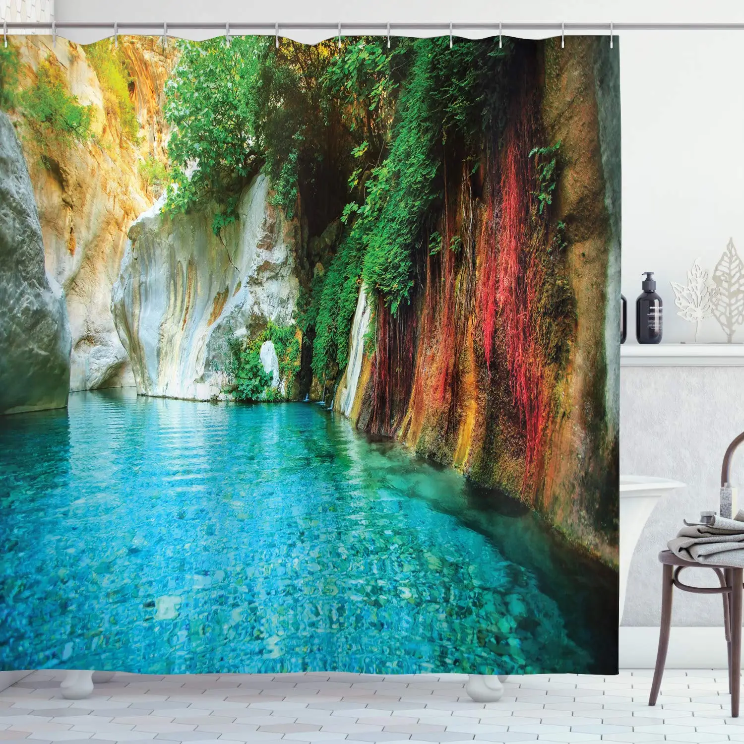 Landscape Shower Curtain, Isolated Natural Lagoon Cove Clear Water Lake Ivy Colorful Moss Rocks Sunshine, Cloth Fabric Bathroom
Landscape Shower Curtain, Isolated Natural Lagoon Cove Clear Water Lake Ivy Colorful Moss Rocks Sunshine, Cloth Fabric Bathroom