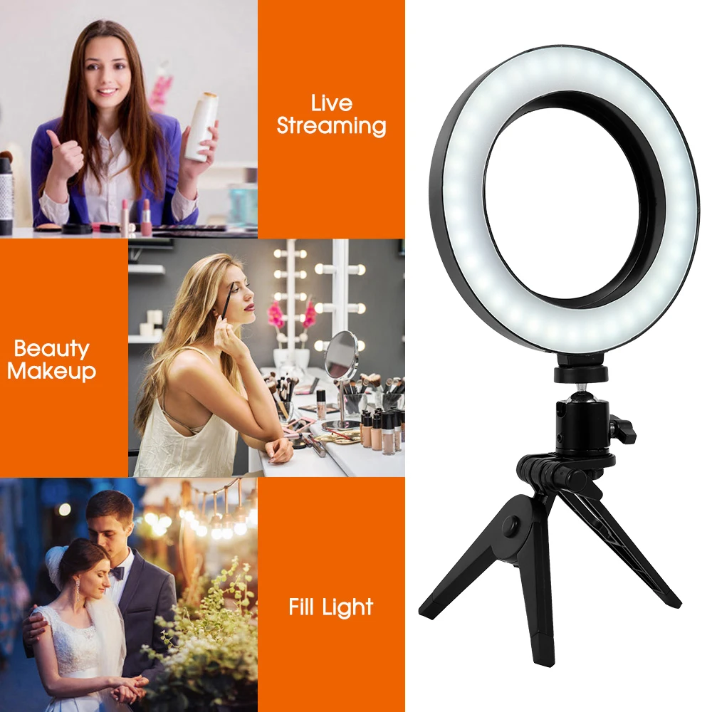 Dimmable 6 Inch Mini LED Desktop Video Ring Light Selfie Lamp With Tripod Stand USB Plug For YouTube Live Photography Studio
Dimmable 6 Inch Mini LED Desktop Video Ring Light Selfie Lamp With Tripod Stand USB Plug For YouTube Live Photography Studio