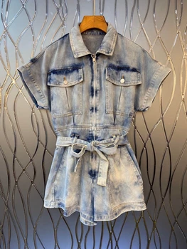 2020 Spring and Summer New Women's Lapel Symmetric Pocket Waist Tie-Waist Short-Sleeved Denim Jumpsuit 514
2020 Spring and Summer New Women's Lapel Symmetric Pocket Waist Tie-Waist Short-Sleeved Denim Jumpsuit 514