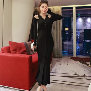 Black Knit Dress Long Sleeve Cardigan New Slim Sexy Pack Hip Fishtail Single Breasted Sweater Dress party dress 
Black Knit Dress Long Sleeve Cardigan New Slim Sexy Pack Hip Fishtail Single Breasted Sweater Dress party dress