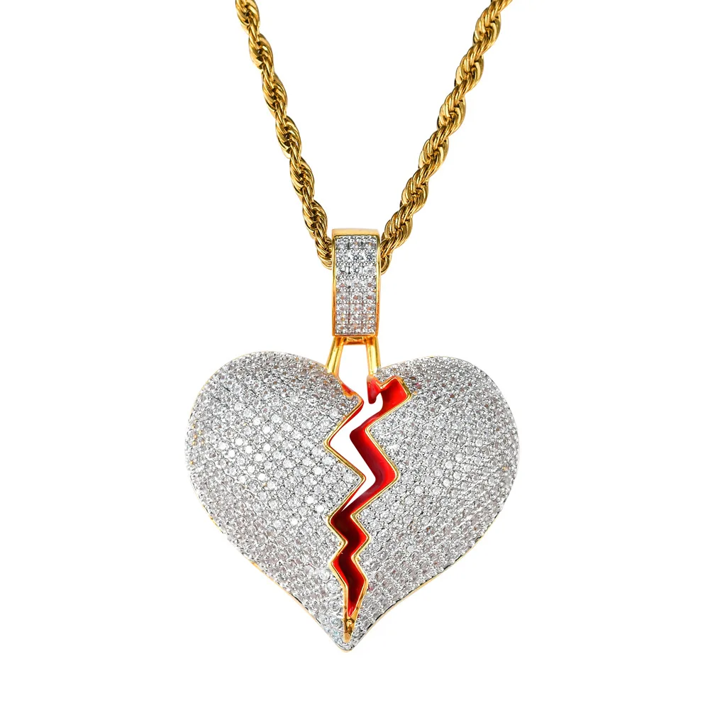 

18K Gold Plated Bling CZ Simulated Diamond Iced Heartbreak Pendant Necklace Hip Hop Chain Jewelry for Men Charm Gifts