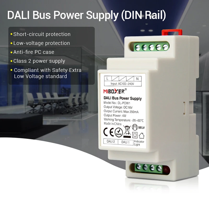 

Miboxer DIN Rail DALI Bus Power Supply DL-POW1 DC16V 4W Max250mA led transformer for AC 110V 220V DALI RGB CCT led downlight