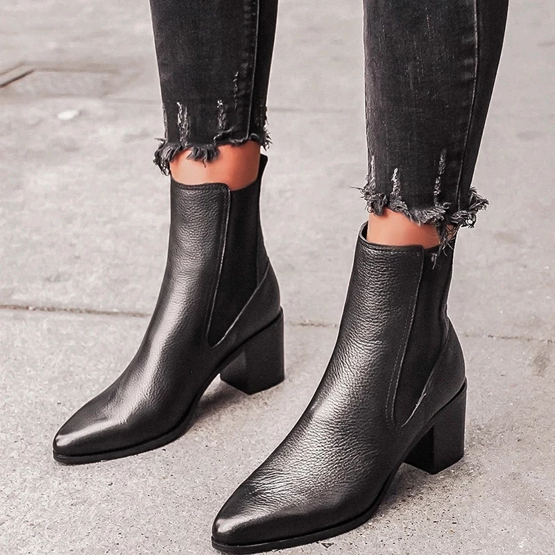 DAHOOD Women's PU Leather Shoes New British Style Zipper Black Ladies Middle Heel Ankle Boots Waterproof Female Snow | Обувь