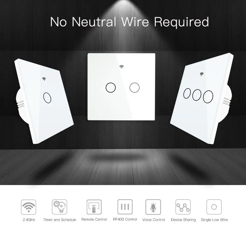 WiFi Smart Wall Switch No Neutral Wire Needed Wireless Smart Life Single Fire Work with Alexa RF433 Tuya Remote Control
WiFi Smart Wall Switch No Neutral Wire Needed Wireless Smart Life Single Fire Work with Alexa RF433 Tuya Remote Control