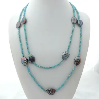 Black Keshi Pearl Blue Crystal 51" Necklace 
Black Keshi Pearl Blue Crystal 51" Necklace