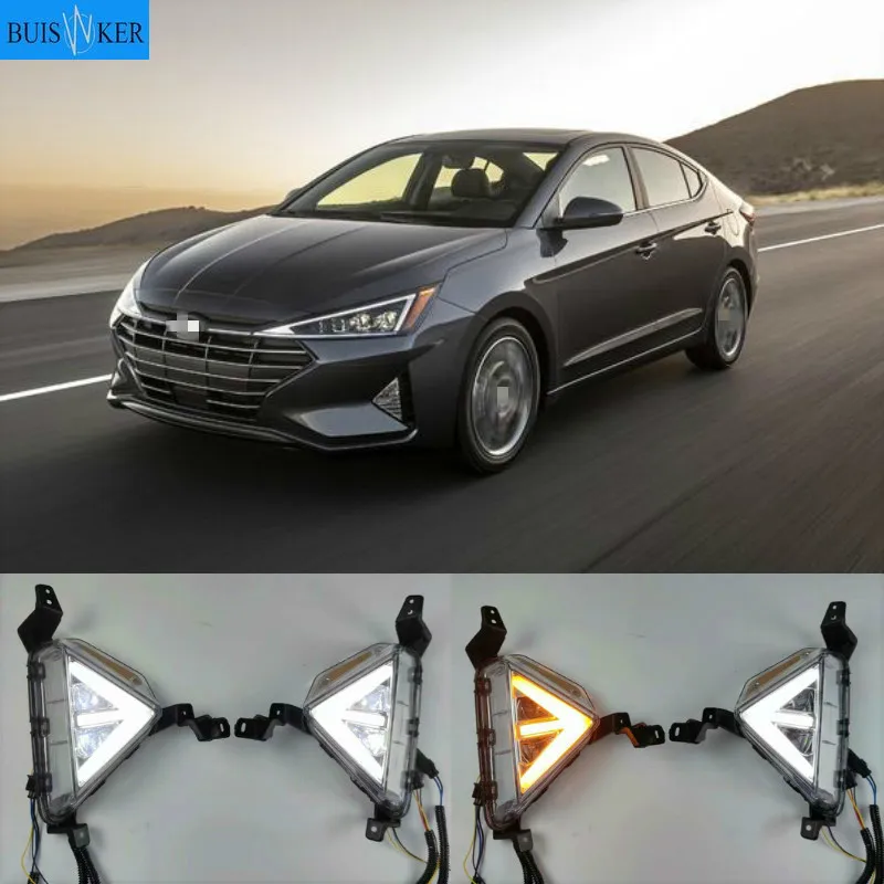 

Светодиодные противотуманные фары для Hyundai Elantra 2019, 2020, DRL, дневные ходовые огни с желтым указателем поворота, противотуманные фары, 2 шт.