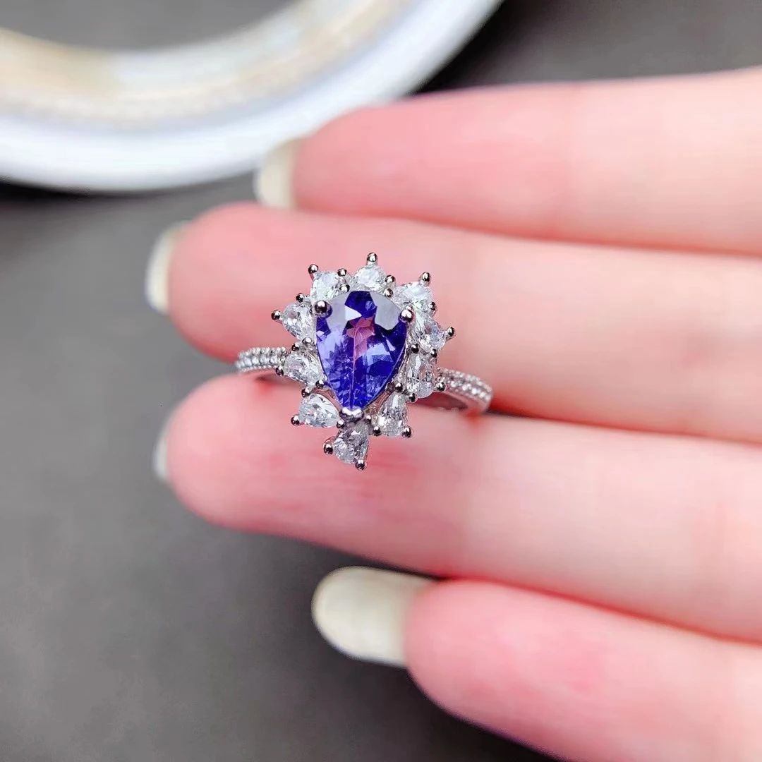 

2022 LuxuryWater Drops style Tanzanite Ring 6x8 mm Precious Gemstone for Wedding Solid 925 Silver Tanzanite Jewelry Good gift