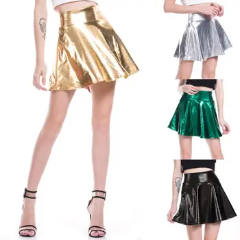 

Womens High Waist Metallic Wet Liquid Faux Leather Look Pleated Flared Skater Mini Skirt Solid Color Glitter A-Line Clubwear