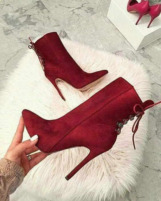 

Burgundy Stiletto Heels Boots Pointe Toe Patchwork Lace Up Ankle Booties Feminine Solid Red Fall Winter Shoes High Heel Footwear