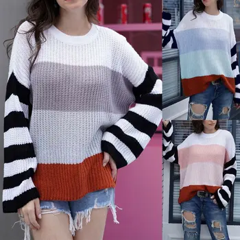 

2019 Autumn Women Oversized Broad Stripes Sweaters Long Sleeve Batwing Loose Knitted Pullover Striped Ladies Sweater Jumpse