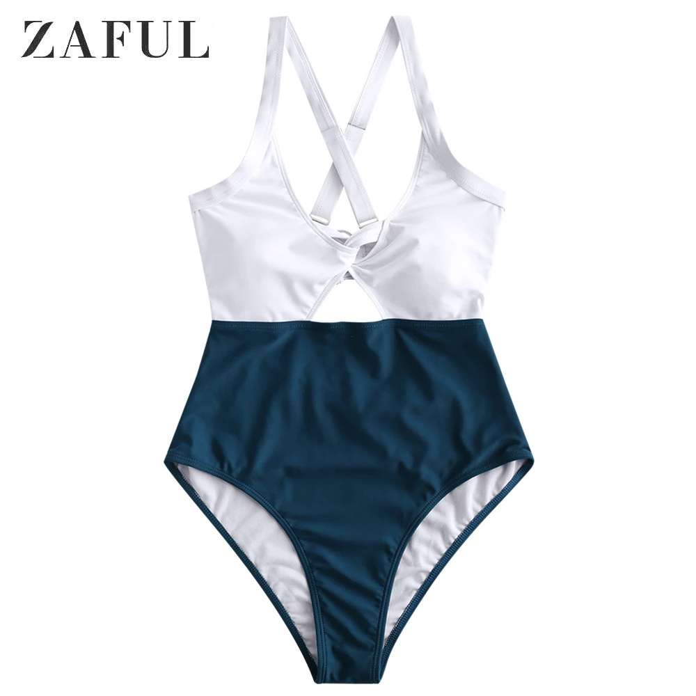 

ZAFUL Two Tone Cutout Criss Cross Swimwear Women Color Blocking High Waisted One Piece Swimsuit Sexy Plunging Neck Padded 2020