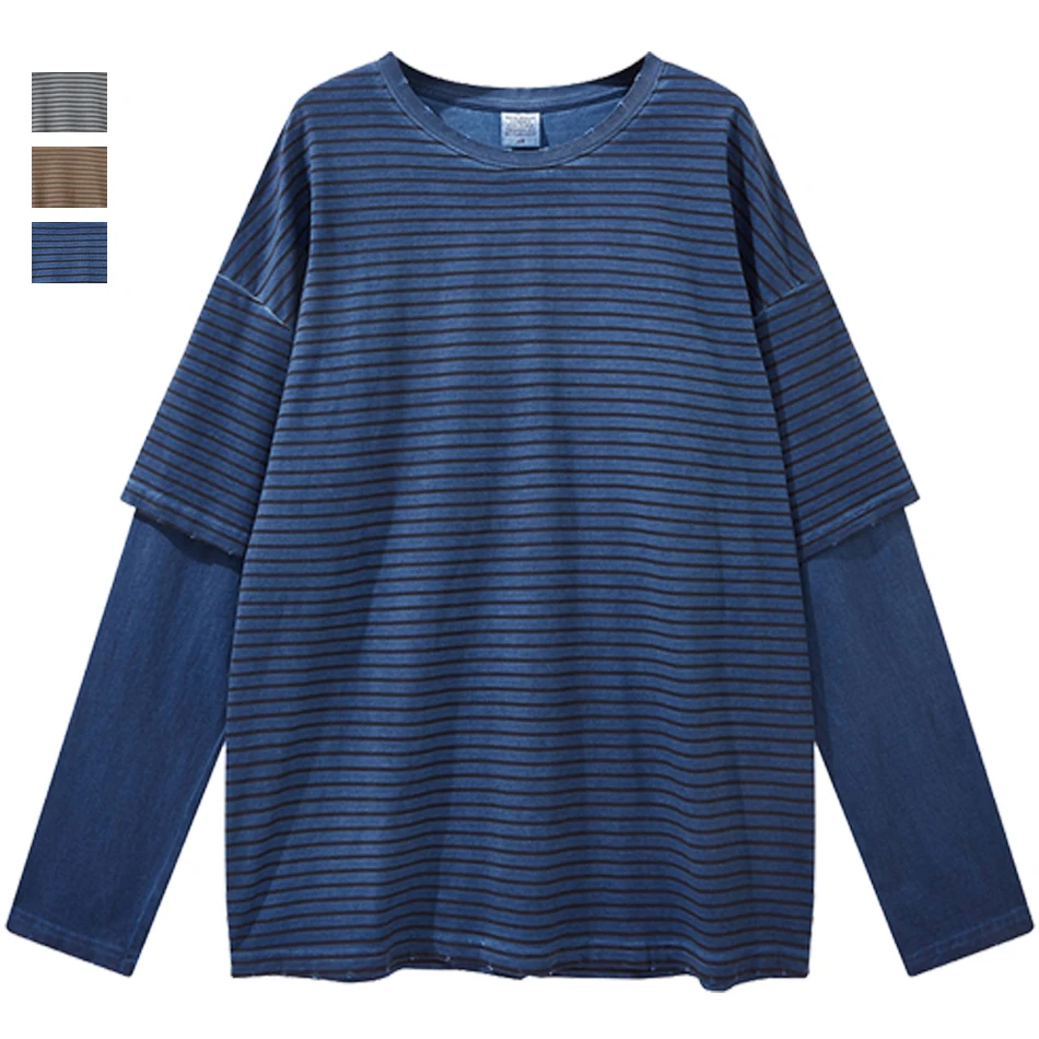 Fake Two-piece T Shirt Striped Oversized Gray Blue Long Sleeve Top 2021 Korean Style Fashion Loose Men's And Women's Clothing |