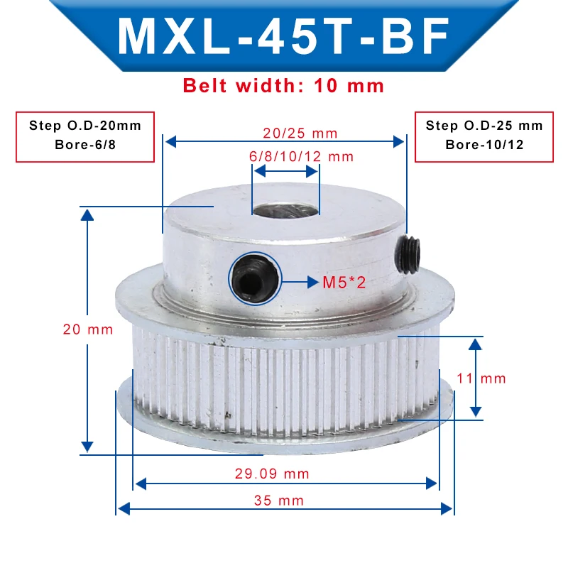 

1 Piece Pulley MXL-45T Bore Size 6/8/10/12 mm Belt Pulley Slot Width 11mm Match with Width 10mm MXL-Timing Belt For 3D Printer