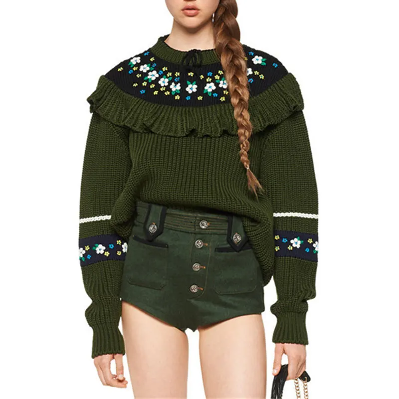 Cute Floral Embroidery Women Sweater 2019 Autumn O-neck Ruffles Dark Green Knitted Sweater Pullover Jumper Winter Clothes Women
Cute Floral Embroidery Women Sweater 2019 Autumn O-neck Ruffles Dark Green Knitted Sweater Pullover Jumper Winter Clothes Women