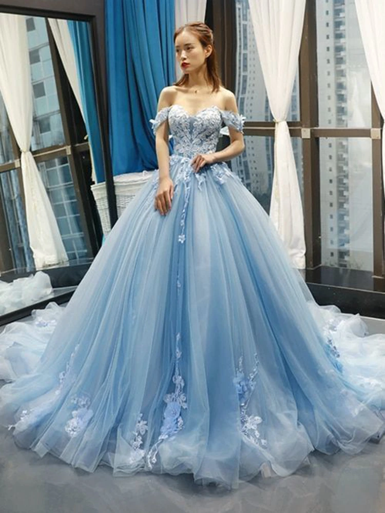 

Light Blue Quinceanera Dress Princess A Line Off Shoulder Prom Dresses Lace 3D Applique Sweet 16 Party Evening Gowns