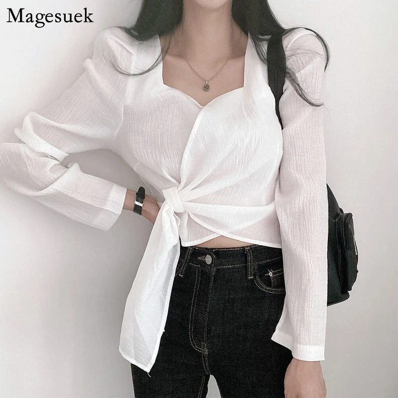 

White Shirts for Women Chic Solid Square Collar Cropped Women Shirt Elegant Slim Women Long Sleeve Tops Blusas Fashion New 18164
