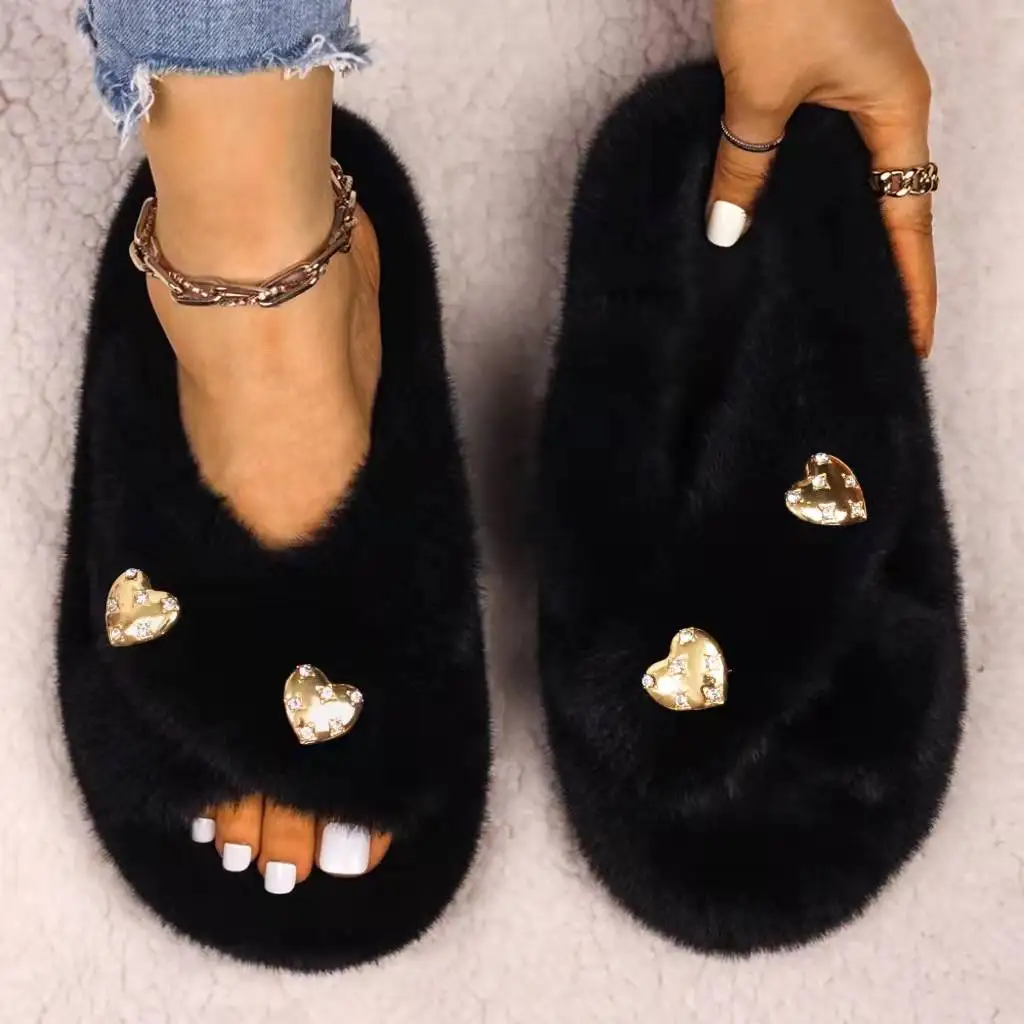 Women's Faux Fur Slides Slippers Winter Luxury Golden Metal Heart Designer Fur Sandals Indoor Flip Flops Flats Custom Shoes
Women's Faux Fur Slides Slippers Winter Luxury Golden Metal Heart Designer Fur Sandals Indoor Flip Flops Flats Custom Shoes
