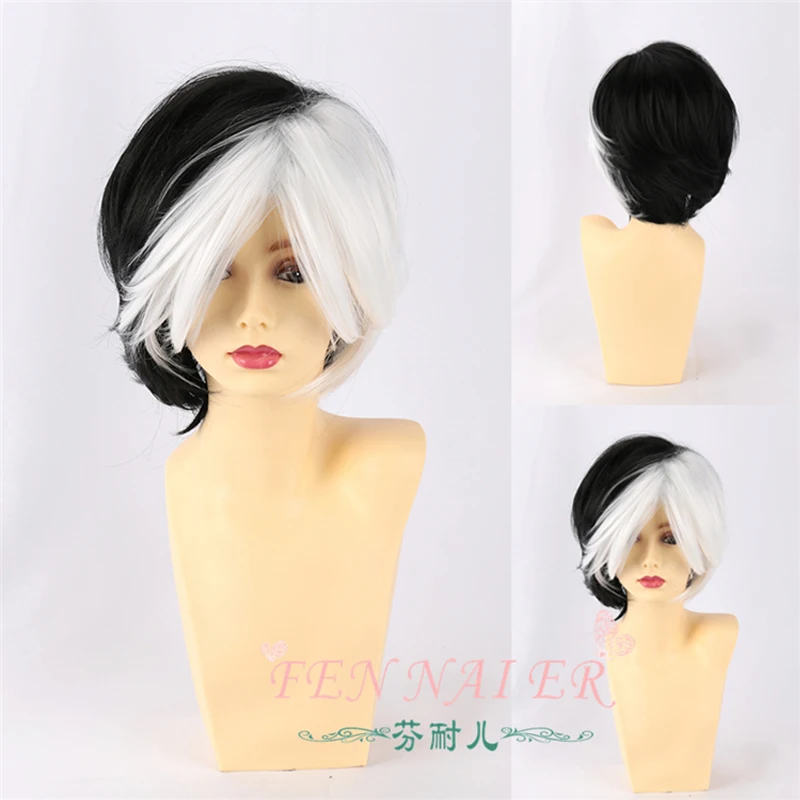 

New Cruella Deville White Black Mixed Short Shaggy Layered Synthetic Cosplay Wig For Women Party Halloween + Wig Cap