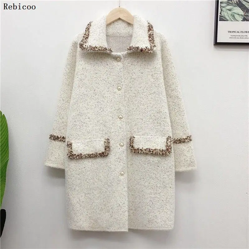 

Autumn And Winter New Korean Boutique Mink Cashmere Cardigan Sweater Female Long Coat Thickened Rebicoo