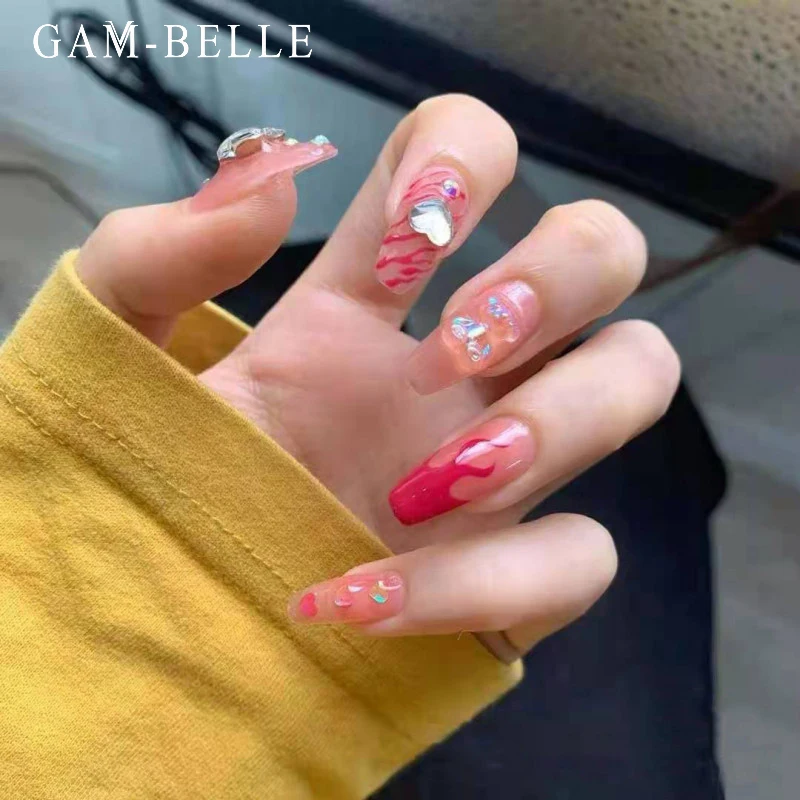 GAM-BELLE Red Flame Zebra Pattern Fake Nails With 3D Bear Heart Rhinestones Full Cover Detachable Artificial Press On | Красота и