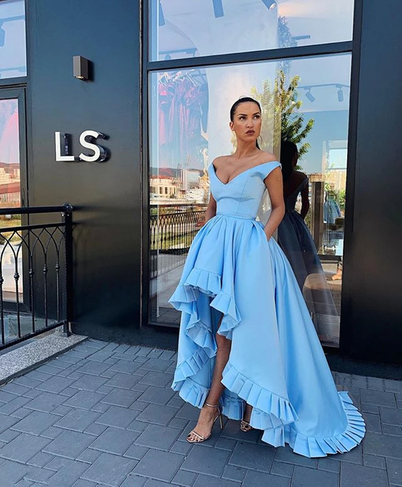LORIE High/Low Satin Evening Dresses Long Prom Party Gowns with Lacing Packet Plus Size Custom Made 2020 Blue Celebrity Dresses