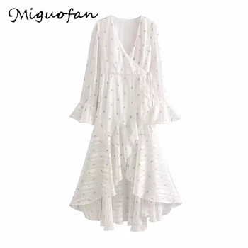 

Miguofan dress summer white fashion styles New Bohemian Maxi Paisley Ankle Length Pleated Dresses Ruffles Fashion V neck Dress