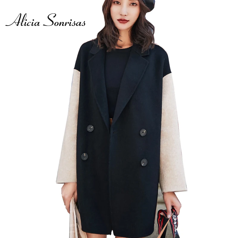 

Woolen Blend Jacket Women Autumn Winter Turn-Down Collar Blazer Outwear Double Breasted Spliced Wool Blends Trench Coat Female