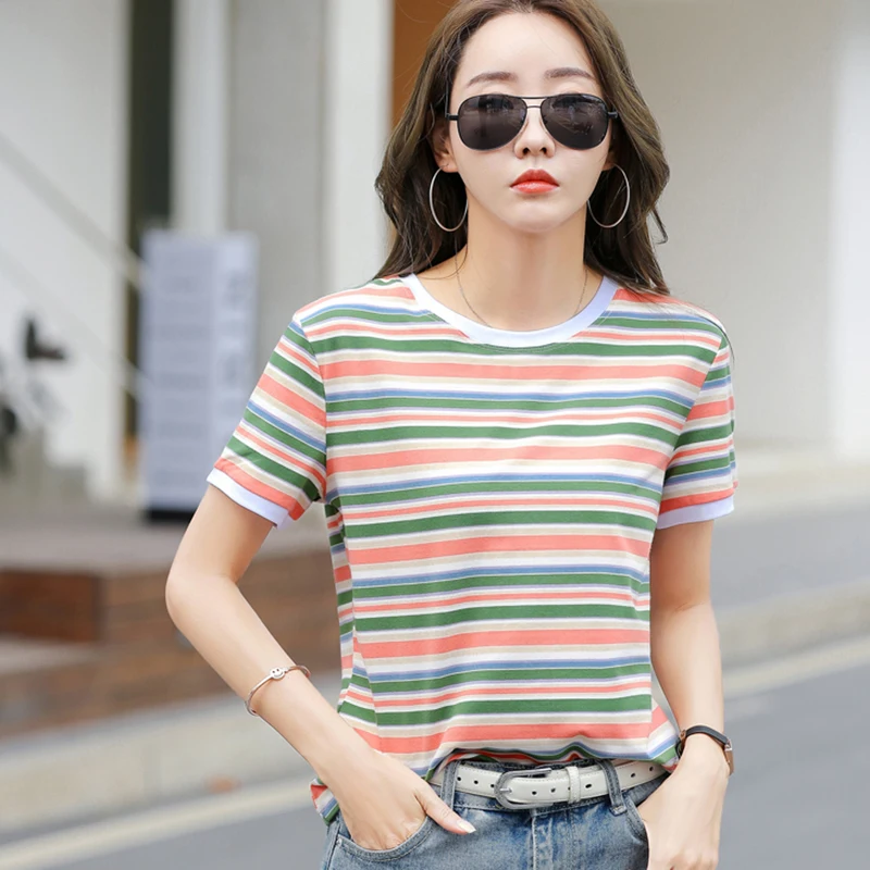 

Cotton Rainbow Striped T Shirt Women Casual O-Neck 2022 Summer Tops Short Sleeve Womens Clothes Tee Shirt Camisetas De Mujer