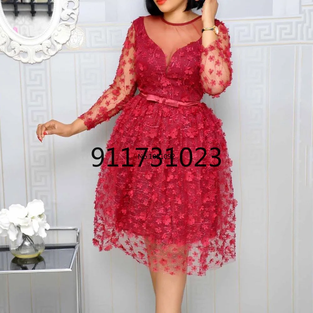 

African Women Clothing Shiny Red A Line High Waist Belted Sexy Mesh Patchwork Ladies Party Wedding Evening Vintage Midi Dress