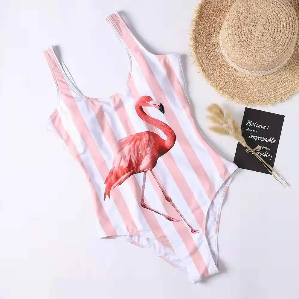 Фото New Design Pink Stripe Flamingos One Piece Swimsuit Swimwear Bathing Push Up Padded Bikini | Спорт и развлечения