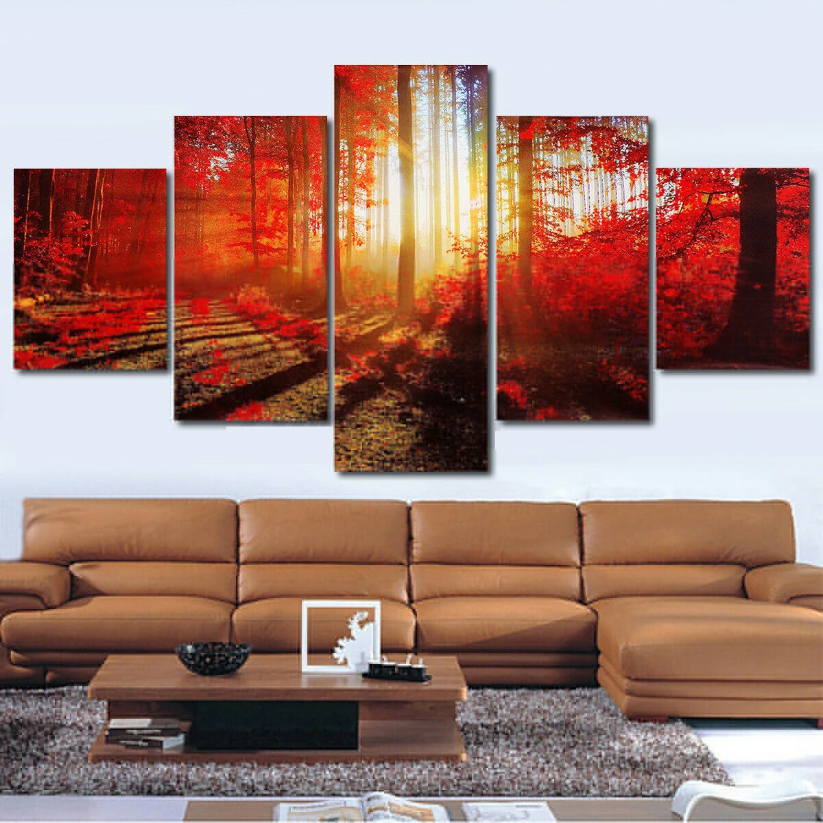 

Modular 5 Panel Red Maple Tree Forest Landscape Posters Wall Art Canvas HD Printed Oil Paintings Living Room Pictures Home Decor