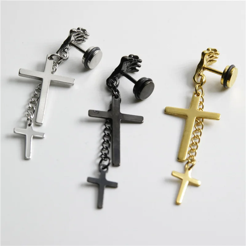 

European and American Fashion Palm Double Cross Earrings Punk Personality Stainless Steel Men's Women Hip Hop Party Earrings