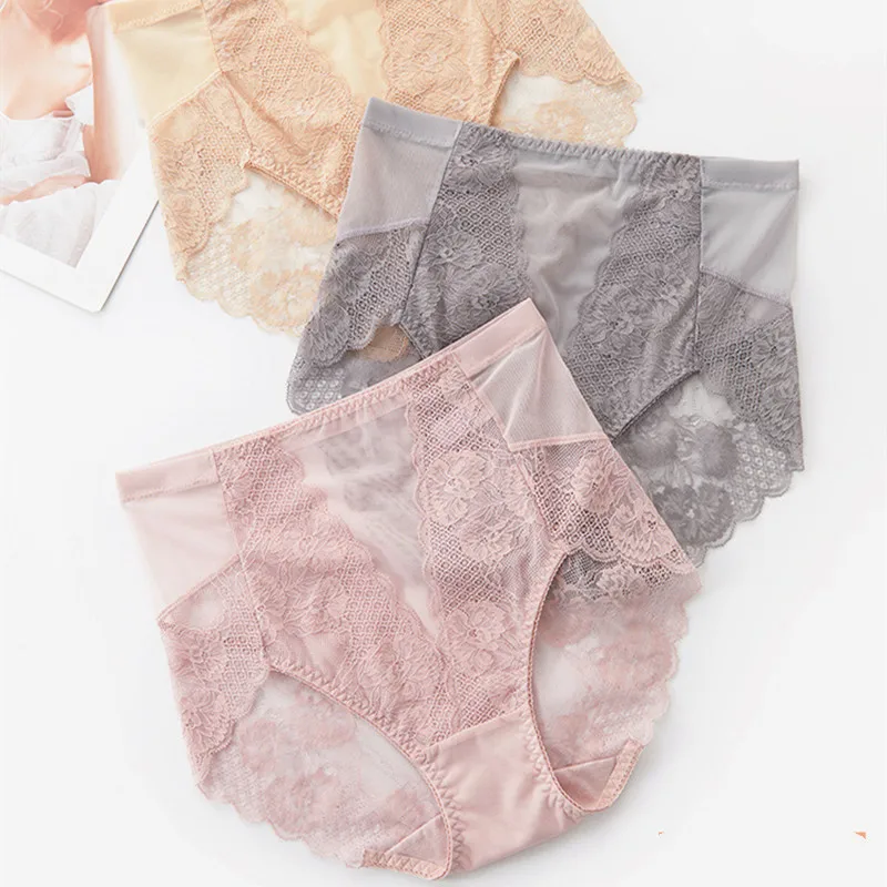 

New Women's Panties Sexy Lace and Mesh Material Hight Waist Breifs Smooth Seamless Underpants Sofe Breathalbe Female Underwear