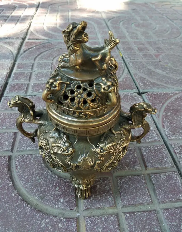

Vintage incense burner Foo Dog Beast incensory signed bottom Lucky geomantic omen by Copper