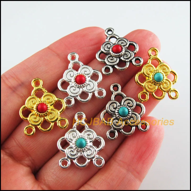 

15Pcs Tibetan Silver Tone & Gold Color Heart Red & Blue Stone Flower Charms Pendants 17x20mm