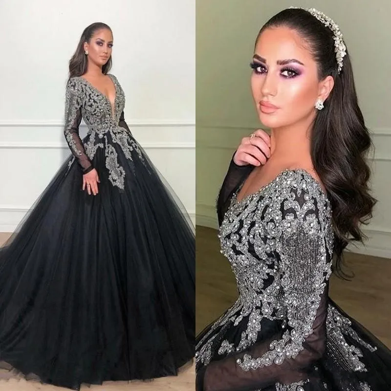 Black Long Sleeves Evening Dresses Deep V Neck Lace Appliques Illusion Beads Sequins Prom Dress Long Tulle Pageant Gowns
Black Long Sleeves Evening Dresses Deep V Neck Lace Appliques Illusion Beads Sequins Prom Dress Long Tulle Pageant Gowns
